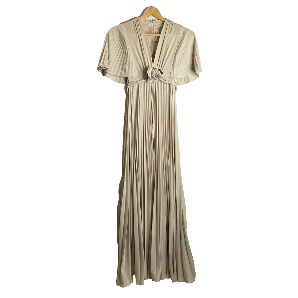 Vtg Pat Richards Empire Waist Flutter Sleeve Accordion Pleats Lined Long‎ Dress